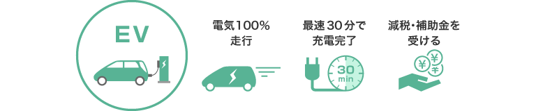 EV　電気100%走行　最速30分で充電完了　減税・補助金を受ける